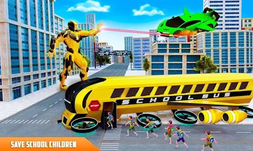 Скачать взломанную летающий школьный автобус робот герой робот игры (Открыты уровни) версия 21 apk на Андроид