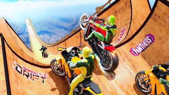 Скачать взломанную Superhero Bike Stunt GT Racing - Mega Ramp Игры (Много денег) версия 1.9 apk на Андроид